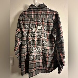Assholes Live Forever Plaid Shirt LOVE IS DEATH Skull Graphic - Gray & Red